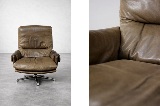 Image 1 of Vintage Mid-Century German Modern Brown Leather Lounge Swivel Chair from Musterring, 1960s