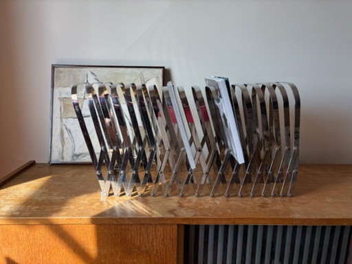 Porte-revues ou porte-disques 'Harmonica' vintage en chrome, design Luther Evans