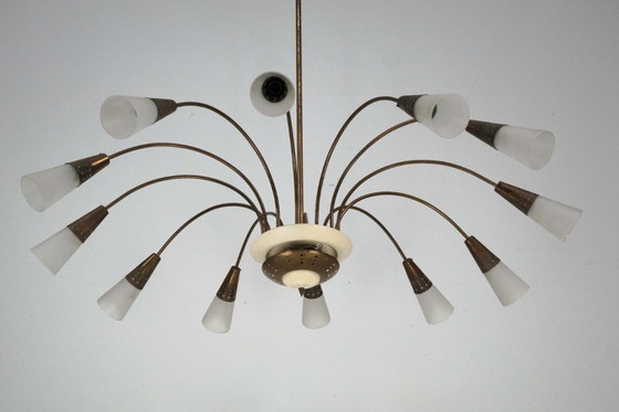 Image 1 of Large Italian Mid-Century Sputnik Brass Chandelier with Satin Glass, 1950s