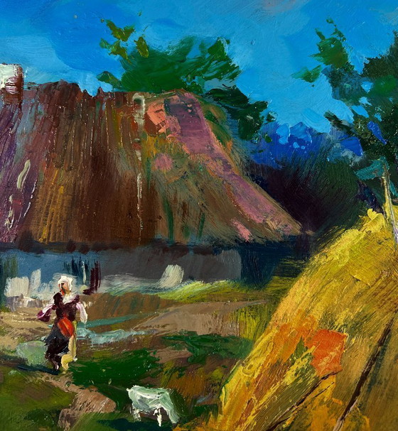 Image 1 of Original Oil Painting Rural Day Landscape Summer Village Life