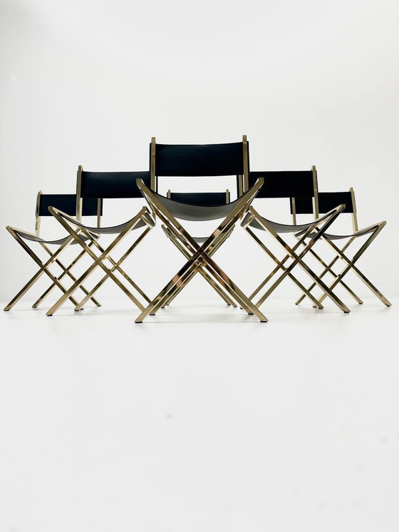 Image 1 of Set of 6 scissor chairs made of brass & calfskin, Italy, 1970s