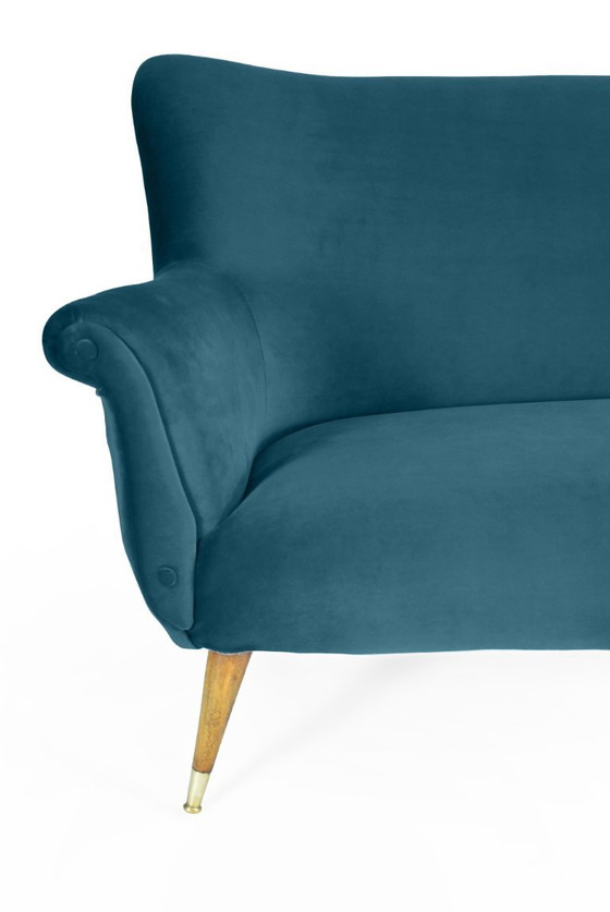 Image 1 of Elegant Three-Seater Velvet Sofa, 60s, Dark Ocean Blue, Restored