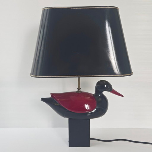 Vintage 1970s Italian Duck Table Lamp, Black & Burgundy Lacquered Wood