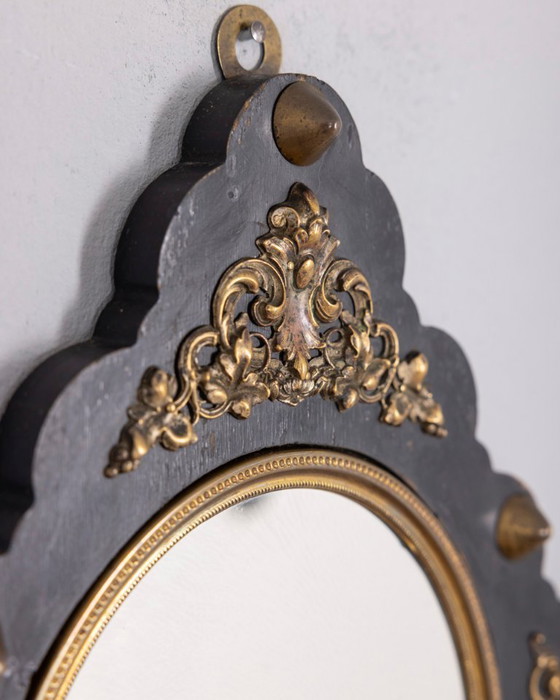 Image 1 of Specchio da parete antico in legno e bronzo, design italiano.