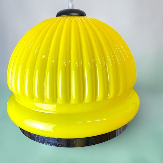 Image 1 of Large Space Age inspired yellow opaline ribbed glass dome hanging light for dining room, 1970s