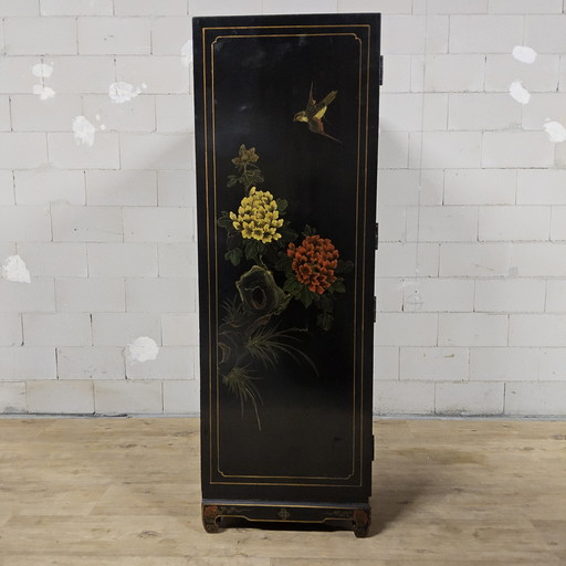 Vintage black Chinese lacquer cabinet with flowers and birds / bohemian / Asian / Oriental cabinet