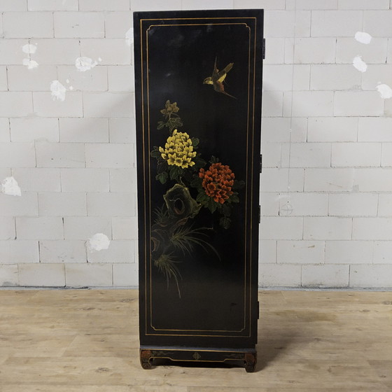 Image 1 of Vintage black Chinese lacquer cabinet with flowers and birds / bohemian / Asian / Oriental cabinet