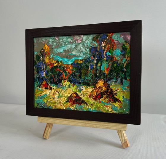 Image 1 of Original Oil Painting Summer Forest Landscape Haystacks in the field