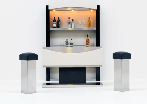 Vintage Cocktailbar Jaren 80 - Zwart Hout & Geborsteld Metaal - met 2 barkrukken – drankenkasten, Metal, Wood