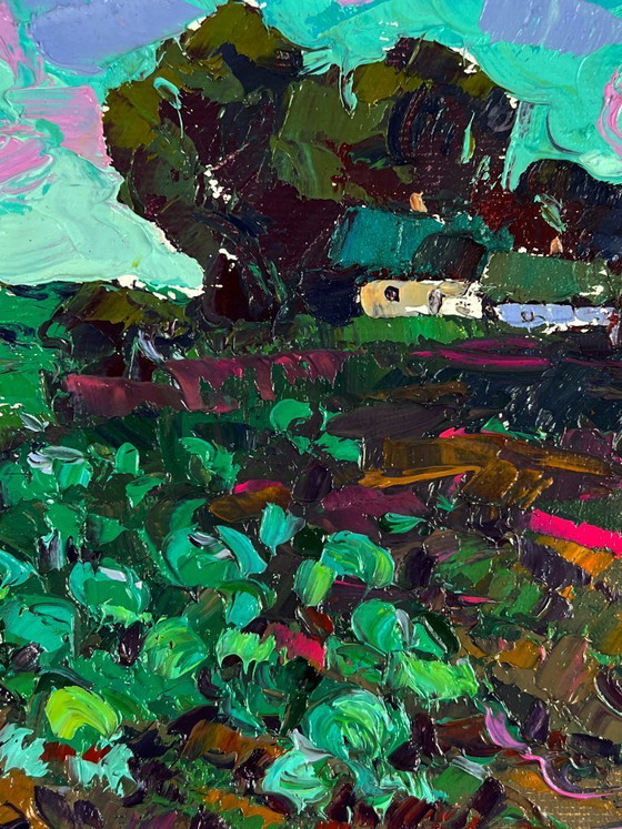 Image 1 of Original Oil Painting Rural Landscape Vegetable Garden in Front of the House