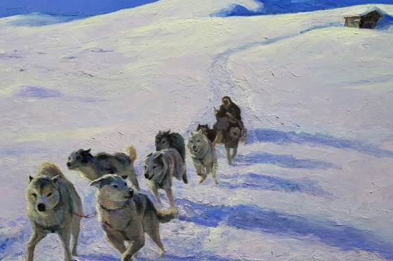 Image 1 of Pintura al óleo original: Paisaje nórdico con perros de trineo en las montañas.