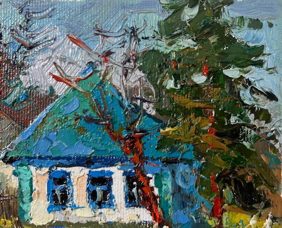 Image 1 of Original Oil Painting Spring Village Landscape Cold March days