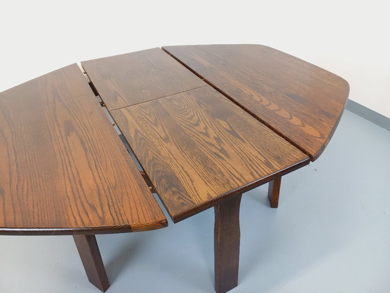 Image 1 of Vintage brutalist hexagonal oak dining table from the 1950s with extension