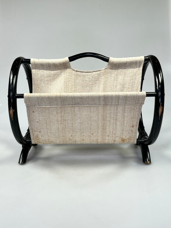 Image 1 of Leggio rotondo vintage / portariviste, rattan nero, anni '70