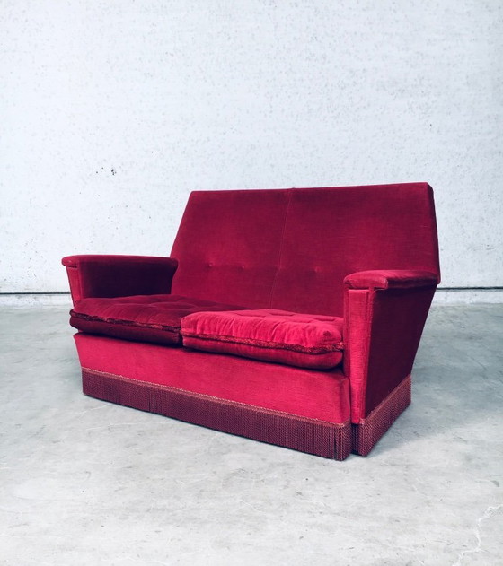 Image 1 of Hollywood Regency Style Fuchsia Velvet 2 Seat Sofa with fringe 1960's