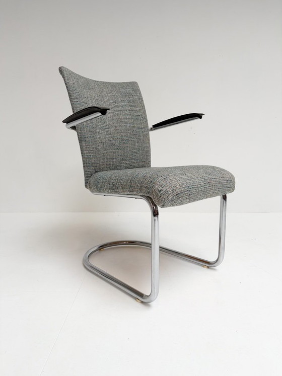 Set di 2 sedie a struttura tubolare Dutch Design De Wit, anni '50, Toon de Wit, Poltrone, Cromo, Tessile (foto 3 di 15)