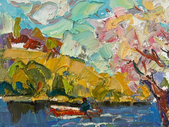 Image 1 of Original Oil Painting River Coastal Landscape Early spring morning