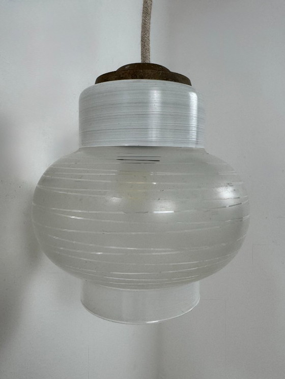 Image 1 of Pair of vintage pendant lights, white blown glass, France, 1970