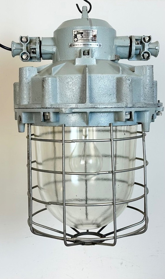 Image 1 of Large Grey Industrial Bunker  Light with Iron Cage from Elektrosvit, 1970s