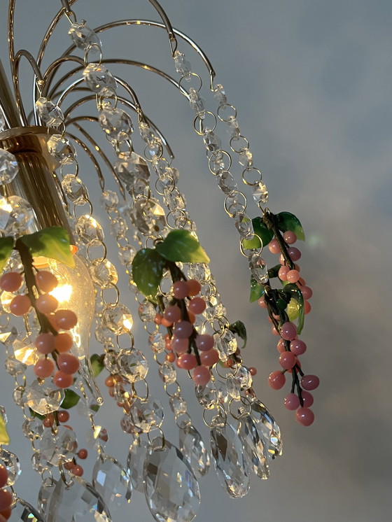 Image 1 of Set of 2 Vintage Pink Grape Fruit Teardrop Chandeliers from Murano