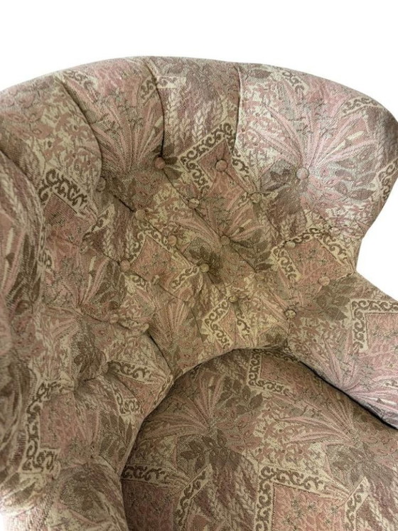 Image 1 of Fauteuil vintage rose clair à motifs floraux / une place avec franges