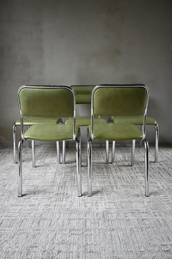 Set of 5 characteristic mid-century dining chairs 50/60, Chrome, Skai, Green (photo 10 of 13)
