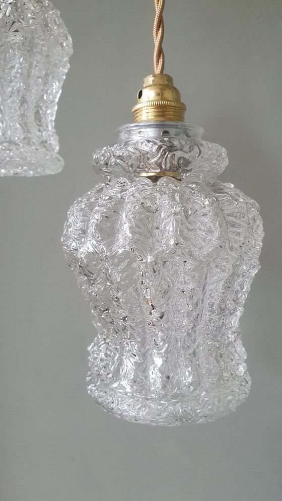 Image 1 of Set Van Twee Vintage Hanglampen Van Dik, Getextureerd Glas