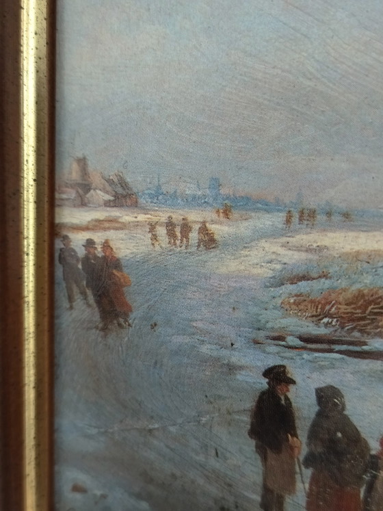 Charmante vintage reproductie van het schilderij "Hollandse winterscène" naar een werk van A.G. Jacobsen. (photo 6 of 15)