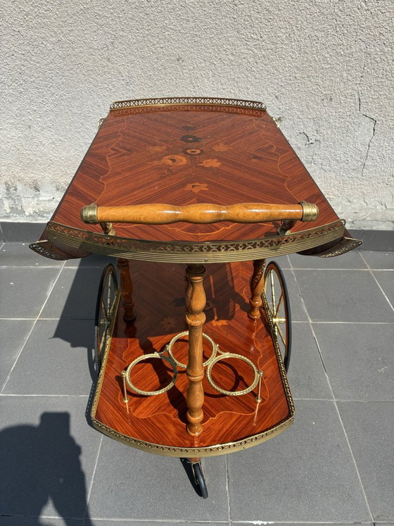 Carrello bar italiano in intarsio e ottone, metà del XX secolo, Carrelli bar, Legno, Marrone, 1950 (foto 6 di 8)