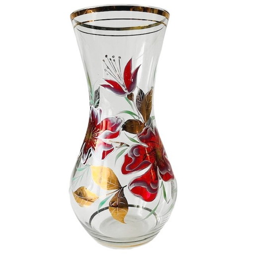 Art Deco glass vase with hand-painted lilies in red and gold, 1930s