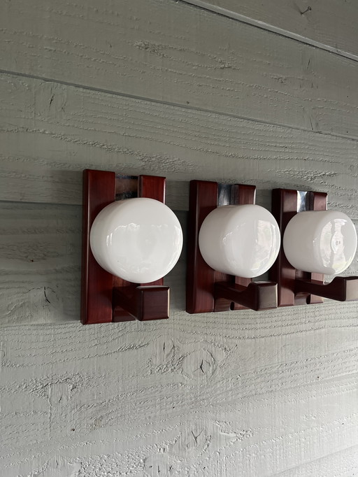 Vintage set of 3 space age wall lamps teak with opal glass