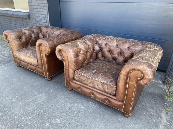 Image 1 of Ruime Chesterfield 3.5 + 1 + 1 zit bankstel sigaren cognac 