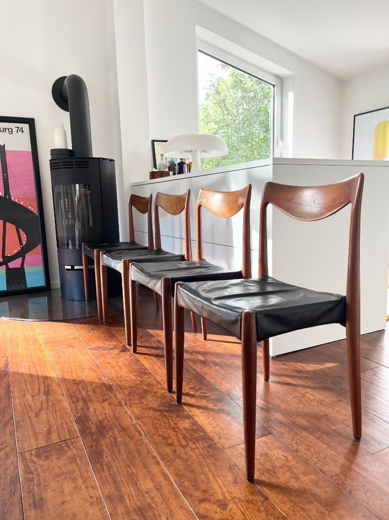 4 Bambi Dining chairs mid-century Teak Gustav Bahus Norway, Wood, Leather, Black (photo 9 of 9)