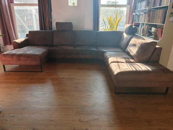 Large U-shaped corner sofa with chaise longue and adjustable headrests, Montel, Textile, Metal, Brown, Modern (photo 2 of 5)