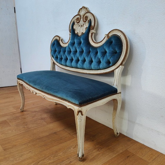 Image 1 of Banc de boudoir vintage brocante rococo Queen Ann hall banc