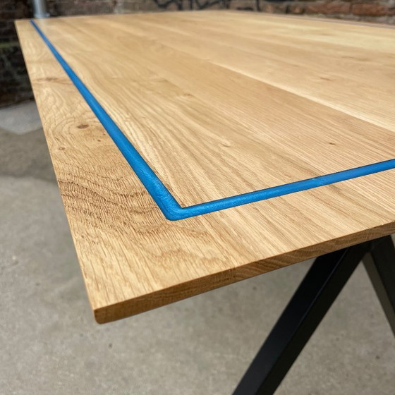 Artisan Dining table | Solid Oak & Metallic Blue Epoxy (photo 3 of 5)
