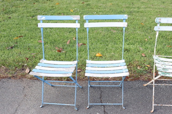 Image 1 of Set of 8 French Bistro Garden Folding Chairs in Iron and Wood Slats