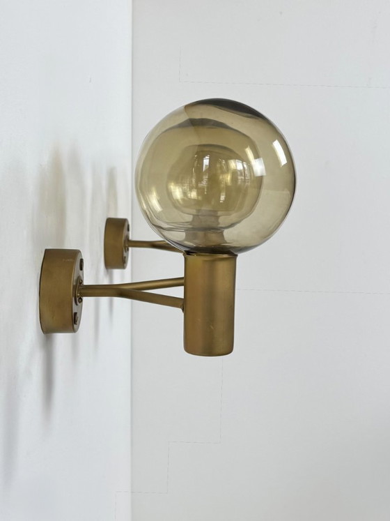 Image 1 of Pair of vintage double wall lights, Hans-Agne Jakobsson model V 149/2, brass and smoked glass, Sweden, 1970