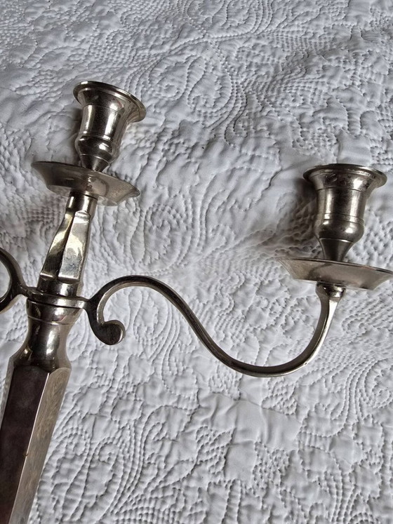 Three-light silver-plated metal candelabra – antique Louis XVI style chandelier – Candle holders (photo 5 of 5)