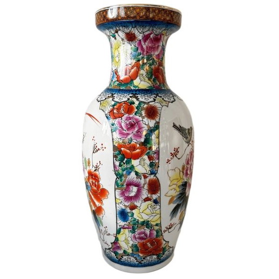 Image 1 of Chinese hand-painted porcelain vase XL flowers vintage 1960s