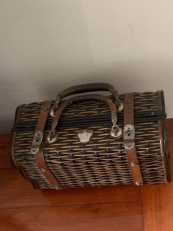 Antieke Franse rieten handtas — Napoleon III, circa 1890 — – Decoratieve objecten, Wicker, Leather (photo 4 of 30)