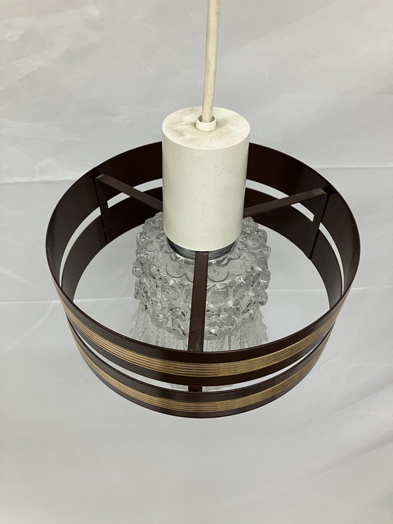 Image 1 of Vintage hanglamp met ijzeren ring en glazen binnen kap