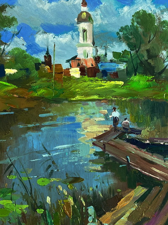 Original Oil Painting Impressionistic River Landscape Painting Bridge over the River, Paintings & Drawings (photo 6 of 11)
