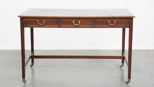 Bureau à l'anglaise sur roulettes avec plateau en cuir bleu