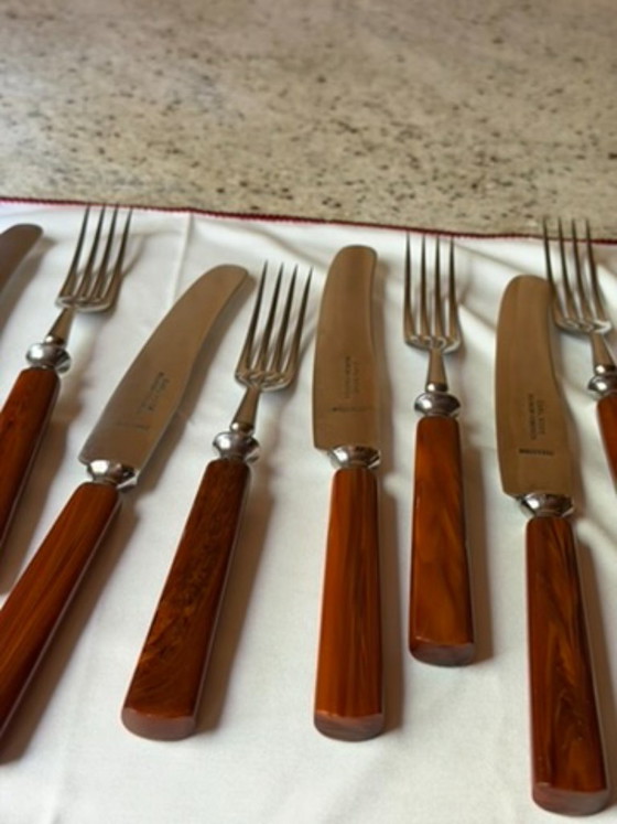 Vintage Carl Voos Solingen German Flatware Set - 12 Piece MCM Knife And Fork Set - Rostfrei Stainless Steel (photo 26 of 32)