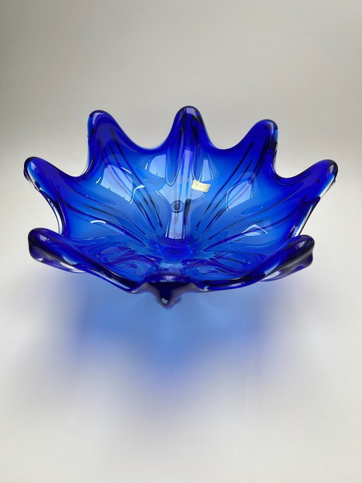 Egermann crystal glass bowl, blue, Bohemian, Czech, pointed bowl, mid-century