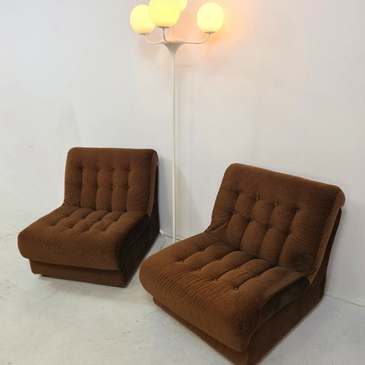 Lounge fauteuils modulair jaren 70 bruine rib set van twee