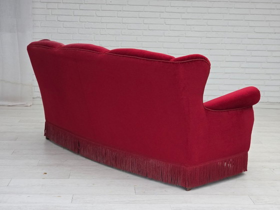 Image 1 of 1960s, Danish 3-seater curved sofa, red furniture velour.