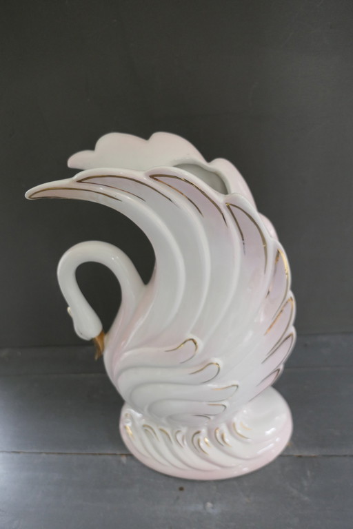 Vintage Large Bassano Italy Swan Vase White Gold Pink