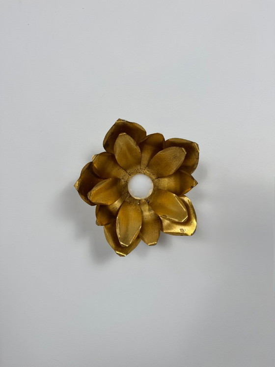 Image 1 of Set di 3 applique da parete vintage a forma di fiore, metallo dorato, Francia, 1970